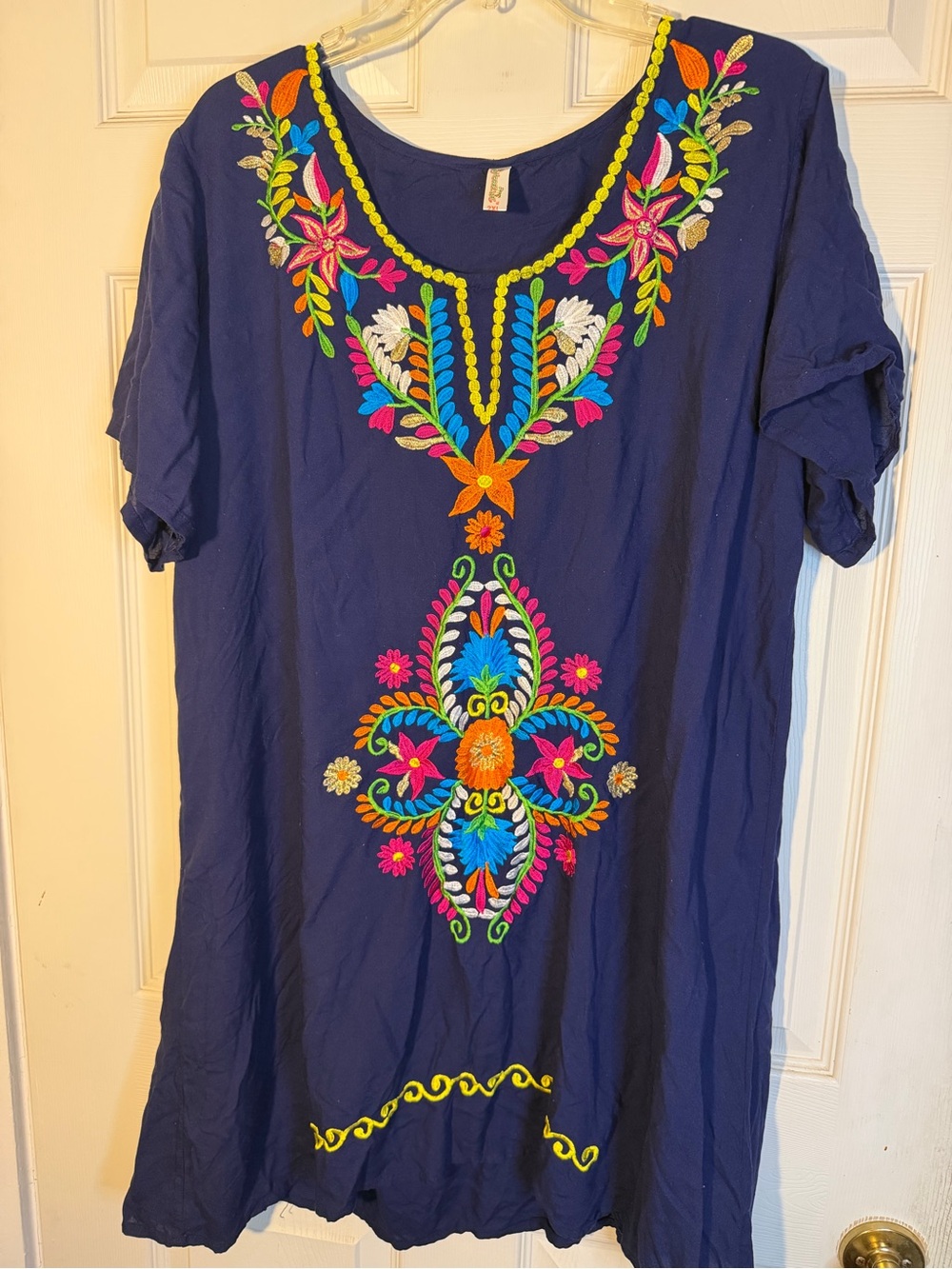 Shoreline Navy Tunic Dress with Green and Orange Embroidery Johnny Was Vibes 2XL
